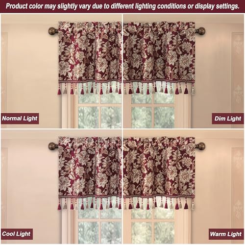 Loom and Mill Elegant Damask Floral Valances for Windows, Rusty Red,54"x18" - color: Rusty Red