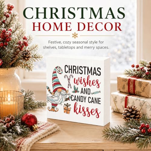 Christmas Wishes and Candy Cane Kisses Sign, Gnome Wood Box Shelf Decor - color: Style 21