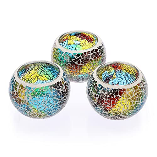 OwnMy 3PCS Mosaic Glass Tea Light Holders Round Bowl Votive Candle Holders - color: Rainbow
