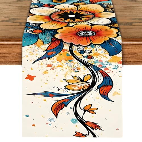 Abstract Eye Flower Table Runner – Vibrant Colorful Art Print, 13x72 Inch Linen-Look Fabric for Dining Table, Kitchen, Boho Home Decor, Psychedelic & Artistic Centerpiece Accent - color: 13