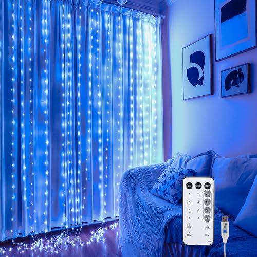 Fairy Curtain Lights for Bedroom, 300 LED 9.8x9.8 Ft Fairy Lights Curtain with Remote, String Light 8 Flashing Modes USB Plug in for Dorm Backdrop Window Wall Indoor Outdoor, Blue - color: Blue