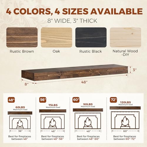 48x8x3in Rustic Fireplace Mantel Pine Wood, Weathered Brown - color: Weathered Brown, size: 48x3x8-hollow