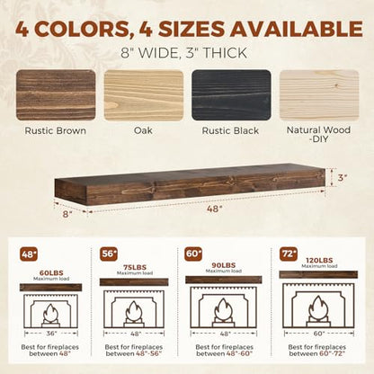 48x8x3in Rustic Fireplace Mantel Pine Wood, Weathered Brown - color: Weathered Brown, size: 48x3x8-hollow