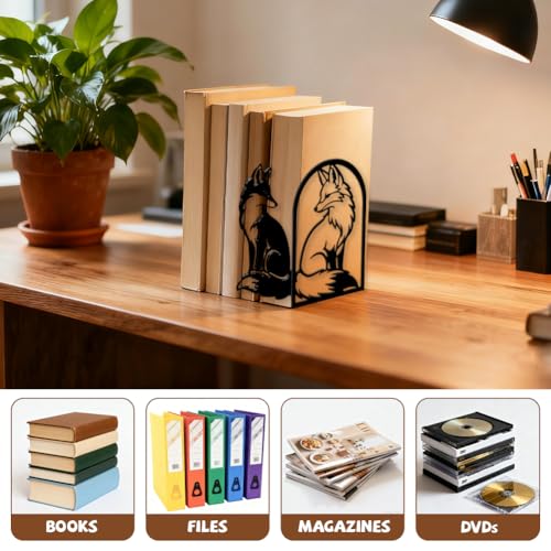 Peacoblue 5.5"x4.3"x8.3" Metal Bookends, Heavy Duty Book Ends for Shelves - style: Black and White Fox