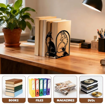 Peacoblue 5.5"x4.3"x8.3" Metal Bookends, Heavy Duty Book Ends for Shelves - style: Black and White Fox