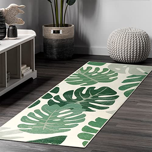 Lukinbox Bathroom Runner Rugs, Green Leaf Non-Slip Bath Mat, Small Long Bath Rugs Cute Soft Microfiber Floor Mats Machine Washable for Living Room, Shower and Tub, 18"x47" - size: 18" x 47"