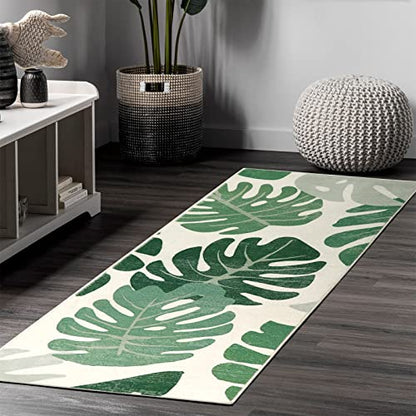 Lukinbox Bathroom Runner Rugs, Green Leaf Non-Slip Bath Mat, Small Long Bath Rugs Cute Soft Microfiber Floor Mats Machine Washable for Living Room, Shower and Tub, 18"x47" - size: 18" x 47"