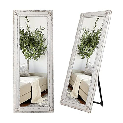 Rustic Full Length Mirror with Stand 60" x 24", Distressed White - color: White