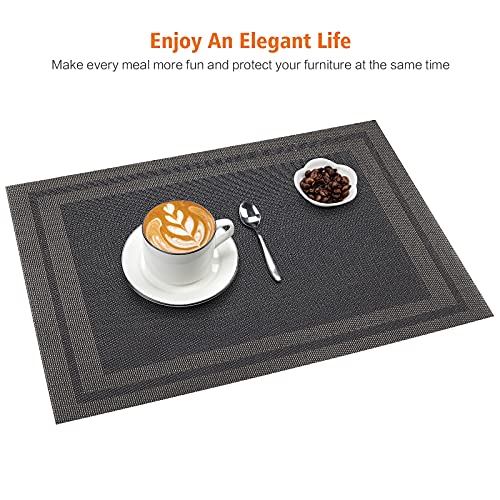Placemats Set of 8, Vinyl Woven Black Non Slip Table Mats - color: Black Gold, size: 8PCS 12"Wx18"L