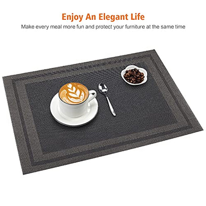 Placemats Set of 8, Vinyl Woven Black Non Slip Table Mats - color: Black Gold, size: 8PCS 12"Wx18"L
