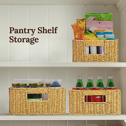 WeeNest Baskets for Storage, Wicker Basket, Rectangular, Set of 3, Amber - color: Amber