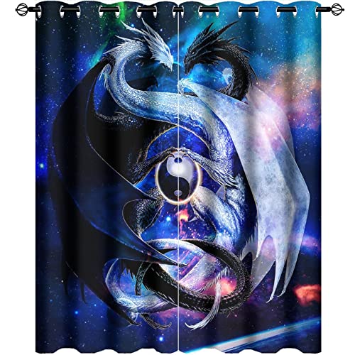 Cool Japanese Dragon Blackout Curtains for Bedroom,Fantasy Galaxy Cloud Black White Dragon Yin Yang Room Darkening Window Curtains with Grommets - 2 Panels 45L x 21W - color: Cool Japanese Dragon, size: 42"W x 45"L (Pack of 1)
