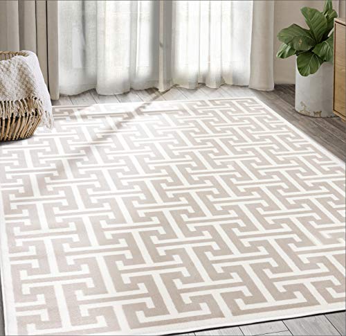Abani Contemporary 3D Beige & White Modern Greek Key Pattern Area Rug - Geometric Meander 6' x 9' Arto Collection Neutral Rug Rugs - color: Beige Cream, size: 6' x 9'