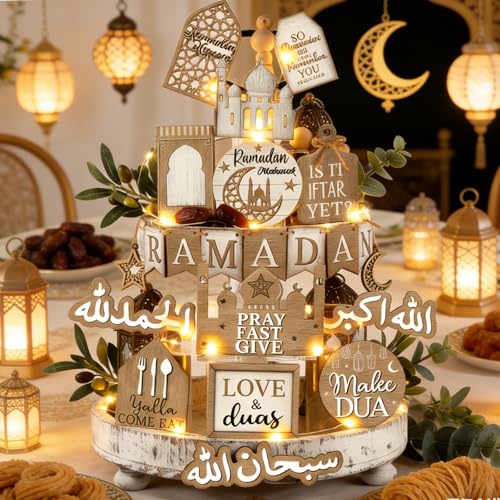 Shellwei 20 Pcs Eid Mubarak Tiered Tray Decor Ramadan Mubarak Table Decor Rustic Wooden Tabletop Signs for Home Black and Gold Muslim Islam Centerpiece for Islamic Gifts Kareem Home Table - style: Ramadan