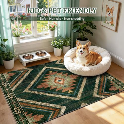 Green Boho Washable Living Room Entryway Area Rugs 3x5Ft Non Slip - color: Green, size: 3' x 5' (Rectangular)