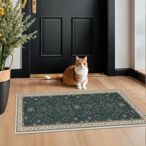 Dark Green Oushak 2x4 Entryway Rug - Modern Vintage Boho Eclectic Floral Pastel, Washable Low Pile Non-Slip Small Throw Area Rugs for Door Mat Indoor Entrance, Kitchen, Bathroom, Bedroom, Laundry - color: Dark Green, size: 2' x 4' (Rectangular)