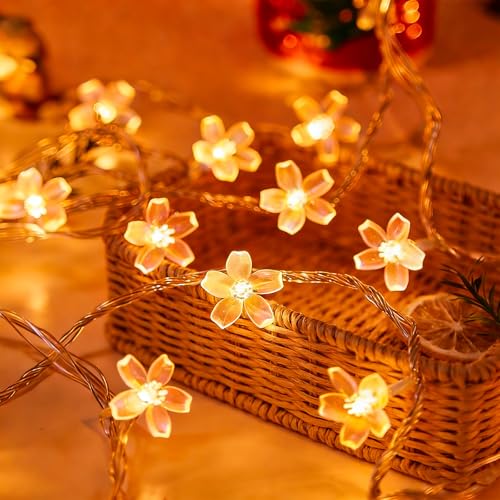 Decorative 100 LED Warm White Cute Cherry Blossom Flower Fairy Light String | 33ft Plug in Yellow Floral Lamp for Bedroom, Wall, Window, Garden, Christmas, Wedding Party, Birthday Banner Hanging Decor - color: Warm White