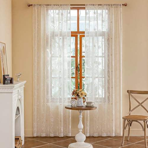 AmHoo 2 Panels Linen Floral Leaf Embroidered Semi Sheer Curtain Farmhouse Voile Curtains for Living Room Bedroom Window Treatment Beige 52 x 63 Inch - color: Beige, size: 52"W x 63"L (Pack of 2)
