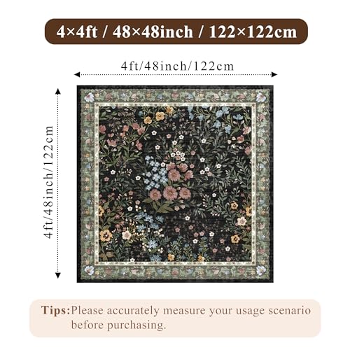 4x4 Square Entry Rug Entryway Foyer: Non-Slip Floral Washable Rugs for Living Room Indoor Floor Kitchen Bedroom - Soft Thin Doormat Carpet Boho Vintage Home Decor (4ft Square, Black) - color: Black, size: 4x4