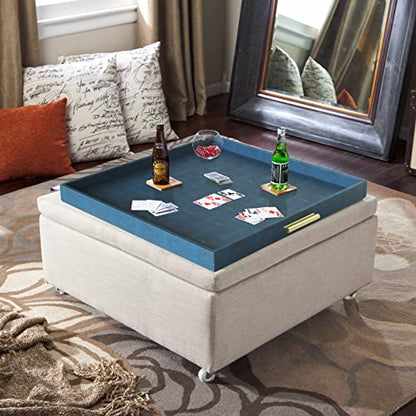 HofferRuffer Extra Large Square Serving Tray, Elegant Faux Leather Ottoman Tray with Gold Hardware Handles, Serve Tea, Coffee or Breakfast in Bed, 24 x 24 inches (Navy Blue Shagreen) - color: Navy Blue Shagreen, size: 24" x 24" x 2"