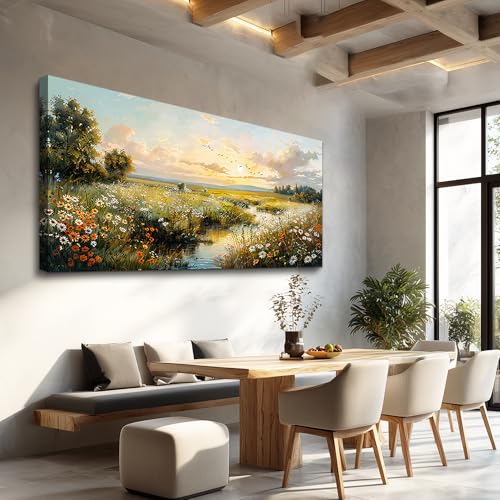 XIGUANGART Nature Landscape Wall Art, Sunset Wildflowers Pictures 20X40 In - color: Pastoral Scenery Paintings, size: 40"L x 20"W