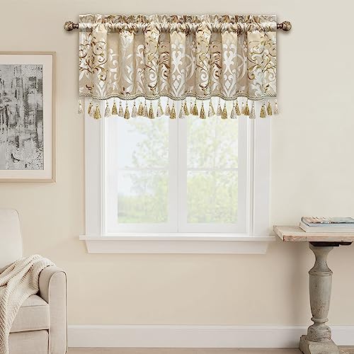 Loom and Mill Luxury Embroidered Damask Valances for Windows, Sand, 54"x18" - color: Edinburgh-sand