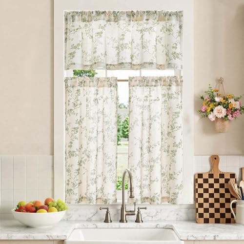 jinchan Green Linen Floral Kitchen Tier Curtains and Valance Set 3 Pieces - color: Alisa | Green on Linen, size: 26"W x 36"L (Pack of 3)