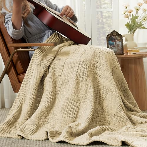 Amélie Home Checkered Chenille Knit Throw Blanket for Couch, Beige, 50"x60" - color: Checkered Beige, size: Checkered Knit 50"x60"