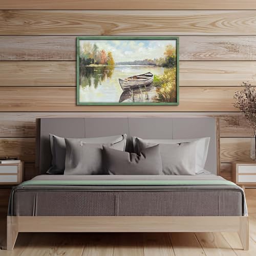 HILL WEST Farmhouse Lake Boat Wooden Framed Wall Art, 36x24inch - color: Lake, size: 36"L x 24"W