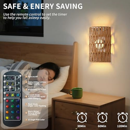 Battery Powered Wall Sconce, Rattan Rechargeable Wall lamp, Bohemian Wall Sconces with Remote Control RGB Dimmable, Wireless Wall Sconce Set of 2 for Bedroom, Hallway, Living Room