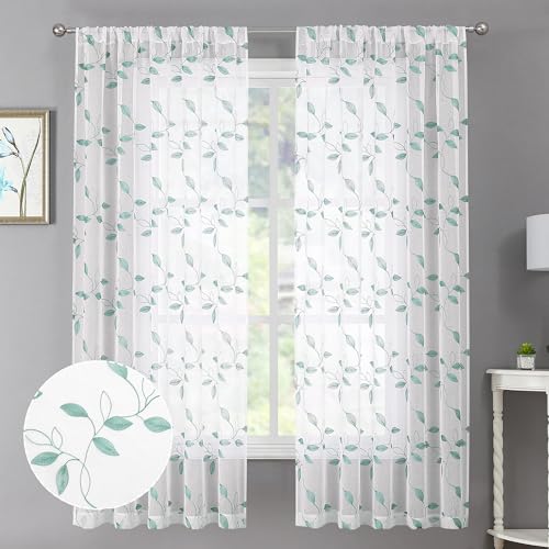 Tollpiz Teal Blue Leaf Sheer Curtain Bedroom Short 38 x 45 Inches - color: Teal Blue, size: 38"W x 45"L (Pack of 2)