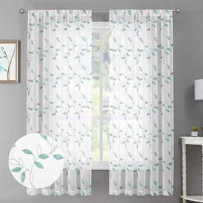 Tollpiz Teal Blue Leaf Sheer Curtain Bedroom Short 38 x 45 Inches - color: Teal Blue, size: 38"W x 45"L (Pack of 2)