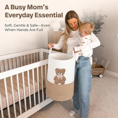 Teddy Bear Baby Laundry Basket, Tall Woven Rope Nursery Hamper, 20x15 in - color: Neutral Teddy