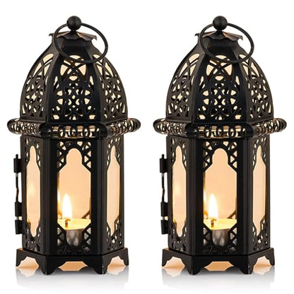 NUPTIO Moroccan Style Candle Lantern, Tealight Candle Holder with Glass - color: Black, size: 2 Pcs Small Size
