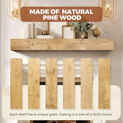 56x8x5in Pine Wood Fireplace Mantel Shelf, Natural Wood - color: Natural Wood, size: 56x5x8-hollow