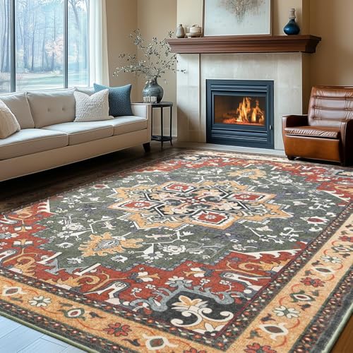 Rugflix 9x12 Area Rugs for Living Room, Washable Red Green Large Rug - color: Red Green, size: 9' x 12' (Rectangular)