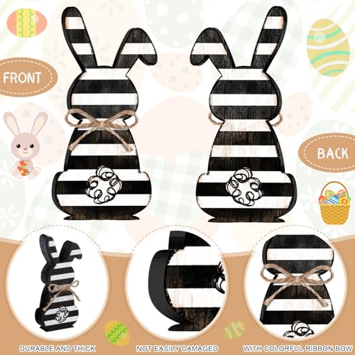 Thinkday 6 Pcs Easter Bunny Wooden Signs Rabbit Spring Table Signs for Home Office Table Wood Bunny Easter Decorations with Ribbons for Tiered Tray Mantel Shelf(Delicate Style) - style: Delicate Style