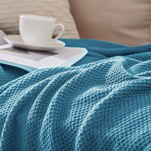 TREELY 100% Cotton Teal Knitted Throw Blanket 50"x60" - color: Teal, size: Throw(50" x 60")