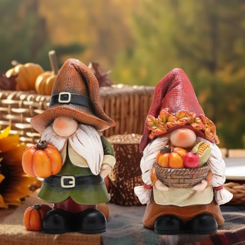 Hodao Fall Pumpkin Gnome Figurines, Thanksgiving Decorations, Set of 2 - color: Thanksgiving Gnomes-a