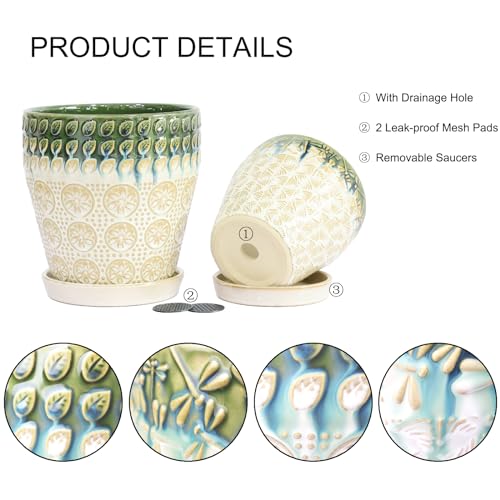Ceramic Planter Pots for Indoor Plants, 8Inch + 6 Inch Plant Pot with Drainage Holes, Saucers and Mesh Pads, Succulent Orchid Flower Pot -Set of 2 - size: set of 2-8inch+6inch