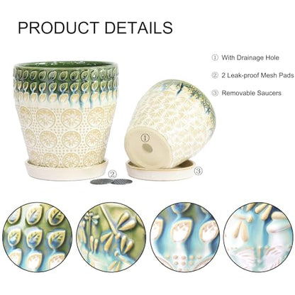 Ceramic Planter Pots for Indoor Plants, 8Inch + 6 Inch Plant Pot with Drainage Holes, Saucers and Mesh Pads, Succulent Orchid Flower Pot -Set of 2 - size: set of 2-8inch+6inch
