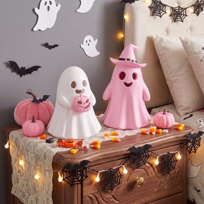 Fumete 2 Pcs Pink Halloween Decorations Indoor, Light Up Cute Ghost Couple - style: Pink Ghosts