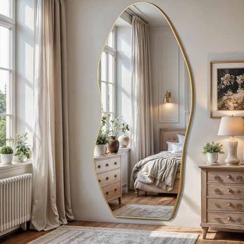 Antok Irregular Full Length Mirror, 76"x36" Asymmetrical Floor Mirror with Stand, Standing Hanging Leaning Irregular Mirrors for Bedroom Living Room Entryway, Wavy Shaped, Golden - color: Gold, size: 76"L x 36"W, style: Wavy Shaped Style