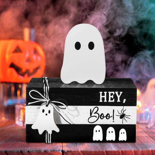 GlikCeil 4 Pcs Halloween Ghost Table Decorations Spooky Wooden Signs,White - color: Black and White