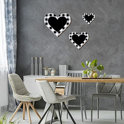 Jetec 3 Pcs Wood Heart Wall Decor Farmhouse Plaque, Black Heart Plaid - style: Rustic