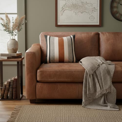 18x18 Inch Pillow Cover - Brown Faux Leather & Black White Striped Cotton Splicing, Same Pattern Both Sides | for Couch Sofa Bed, Farmhouse Industrial Decor - color: Black and Beige, size: 18" x 18" (Pack of 1)