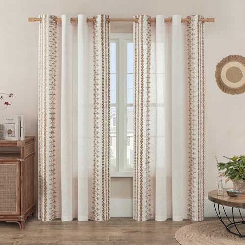 Beige Boho Embroidered Linen Curtains 63 Inch 2 Panels for Bedroom - color: Striped-beige, size: 52"W x 63"L (Pack of 2)