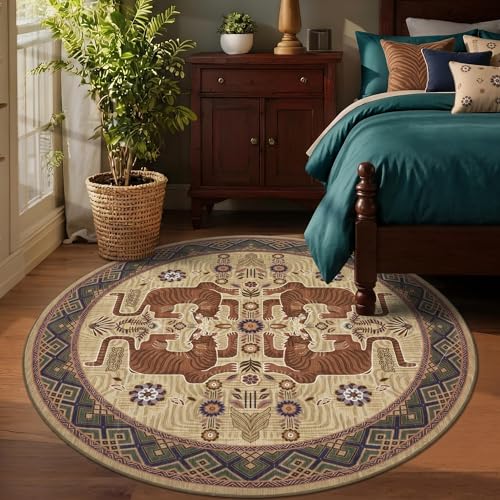 GarveeHome Tiger Round Area Rugs Boho Bedroom Non Slip Washable Vintage - color: Camel, size: 5' (Round)