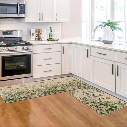 Artoid Mode Cotton Plant Leaf Butterfly Home Spring Kitchen Mats Set of 2, Home Decor Low-Profile Kitchen Rugs for Floor - 17x29 and 17x47 Inch