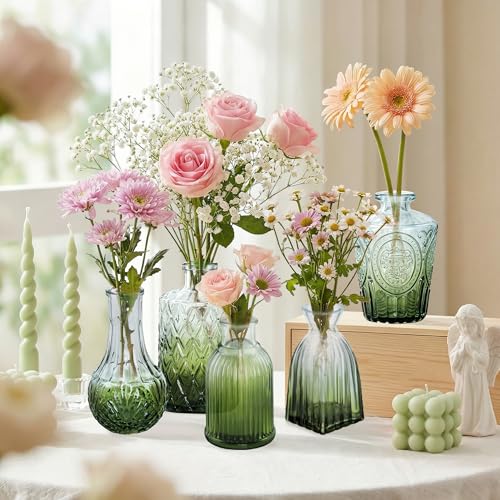 17Pack Glass Bud Vases in Bulk Dark Green Small Mini Vase for Flowers - color: Geen and White